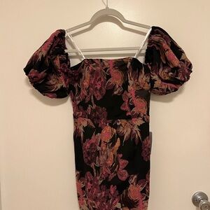 Floral Puff Sleeve Dress - Black and Pink - Mini Dress